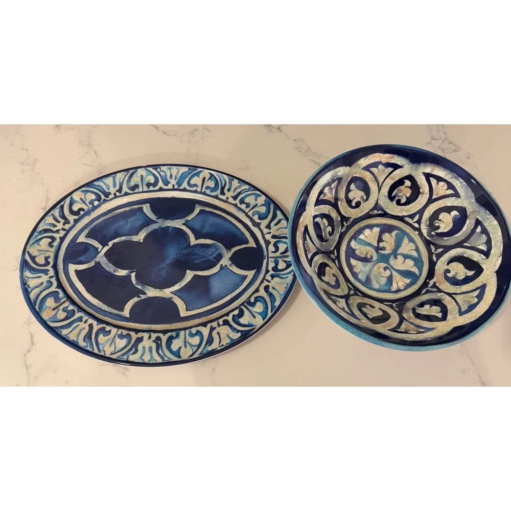 William Sonoma Blue Byzantine Melamine Oval Serving Platter Tray 17